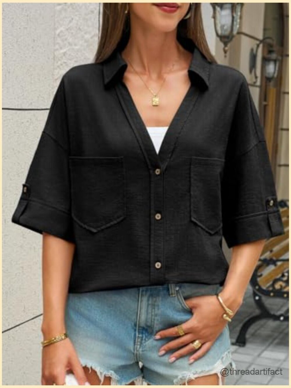 Linen Button Down Shirt V Neck Short Sleeve Casual Loose Fit Cotton Blouse Top - Picture 4 of 7